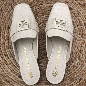 Tory Burch Georgia Loafer Mule Sandal White Cream Moc Croc Size 7.5 NEW